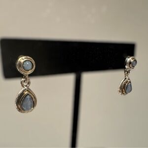 Cute Moonstone Teardrop Earrings in a silver and gold-tone setting